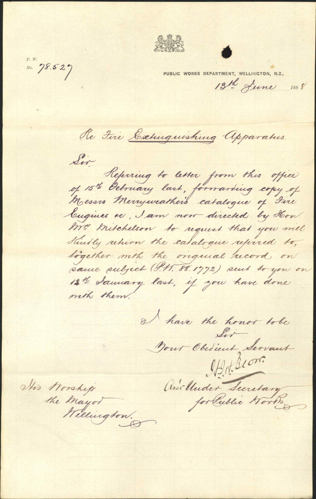 Asking for return of Merryweather's pamphlet - Public Works Department