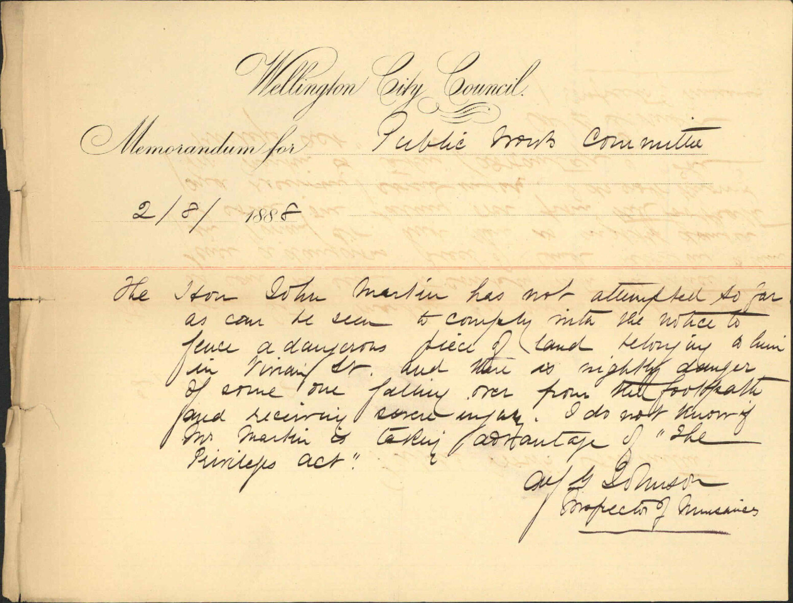 Hon J Martin's fencing - Inspector of Nuisances
