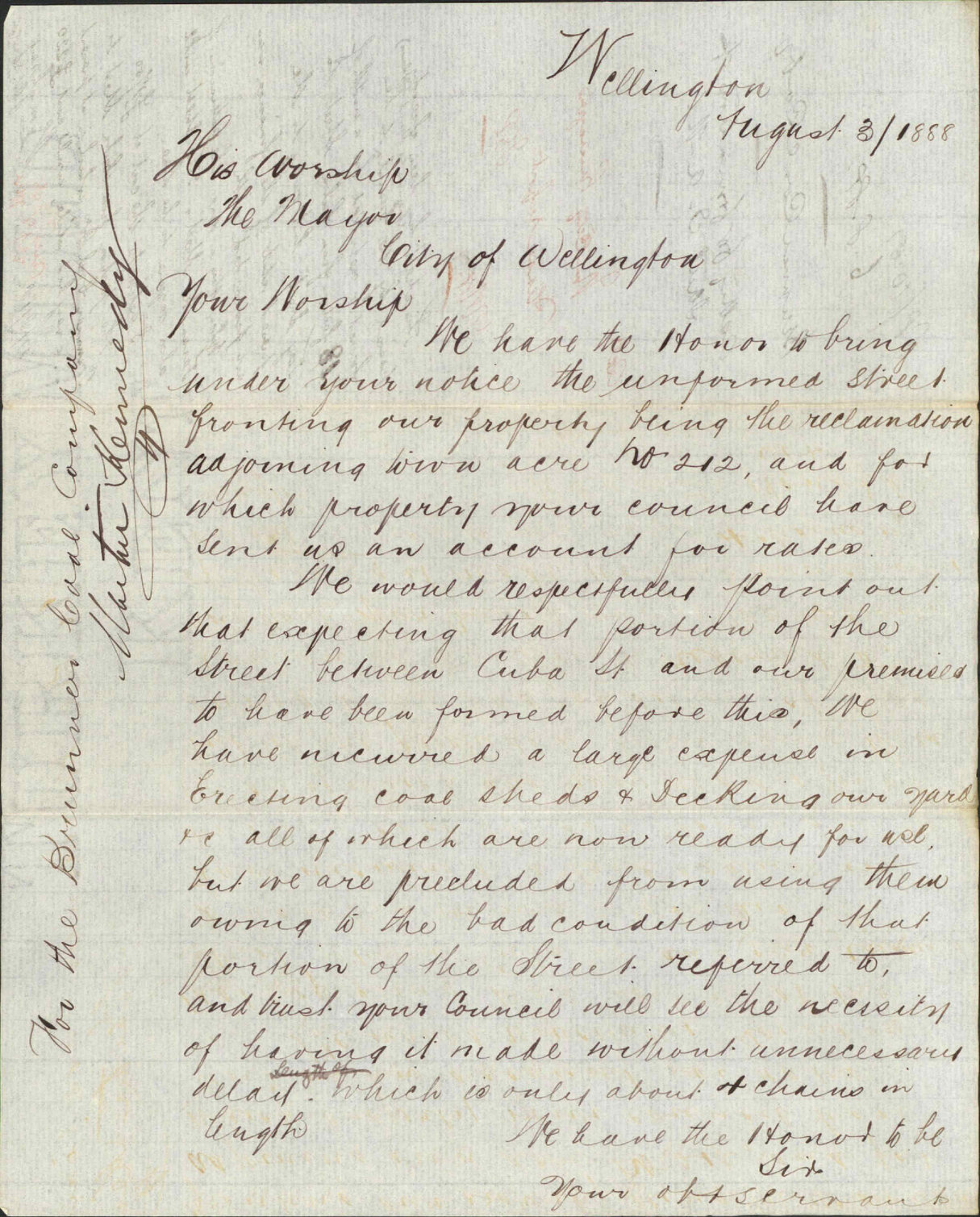 Asking for formation of street Te Aro Reclamation - Brunner Coal Company