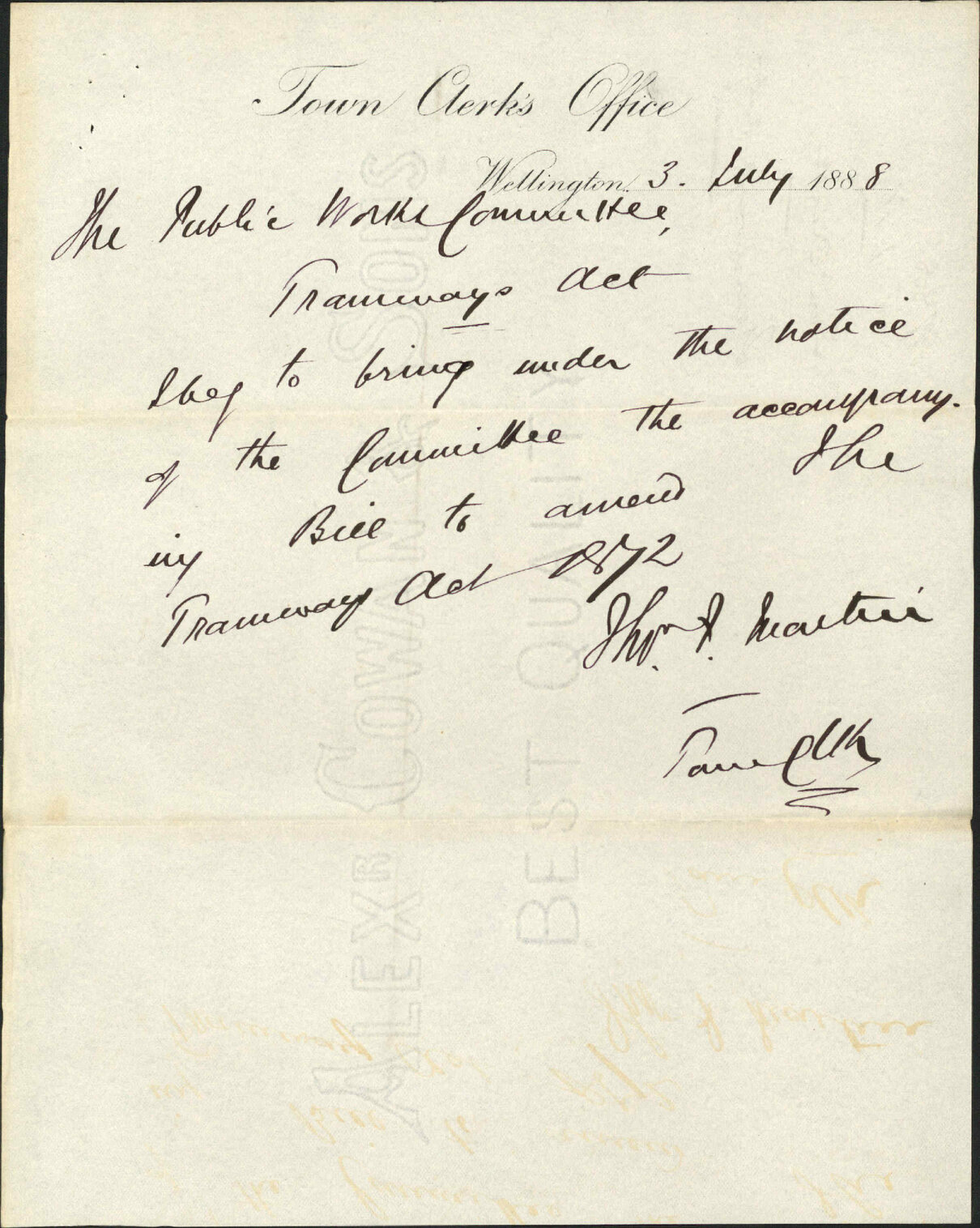 Tramways Act - Town Clerk