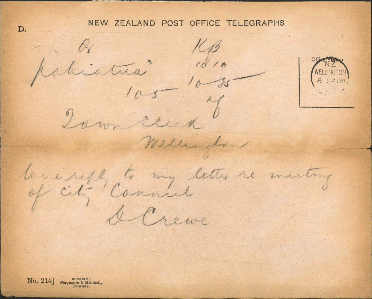 Further regarding Pahiatua land - D Crewe, Pahiatua