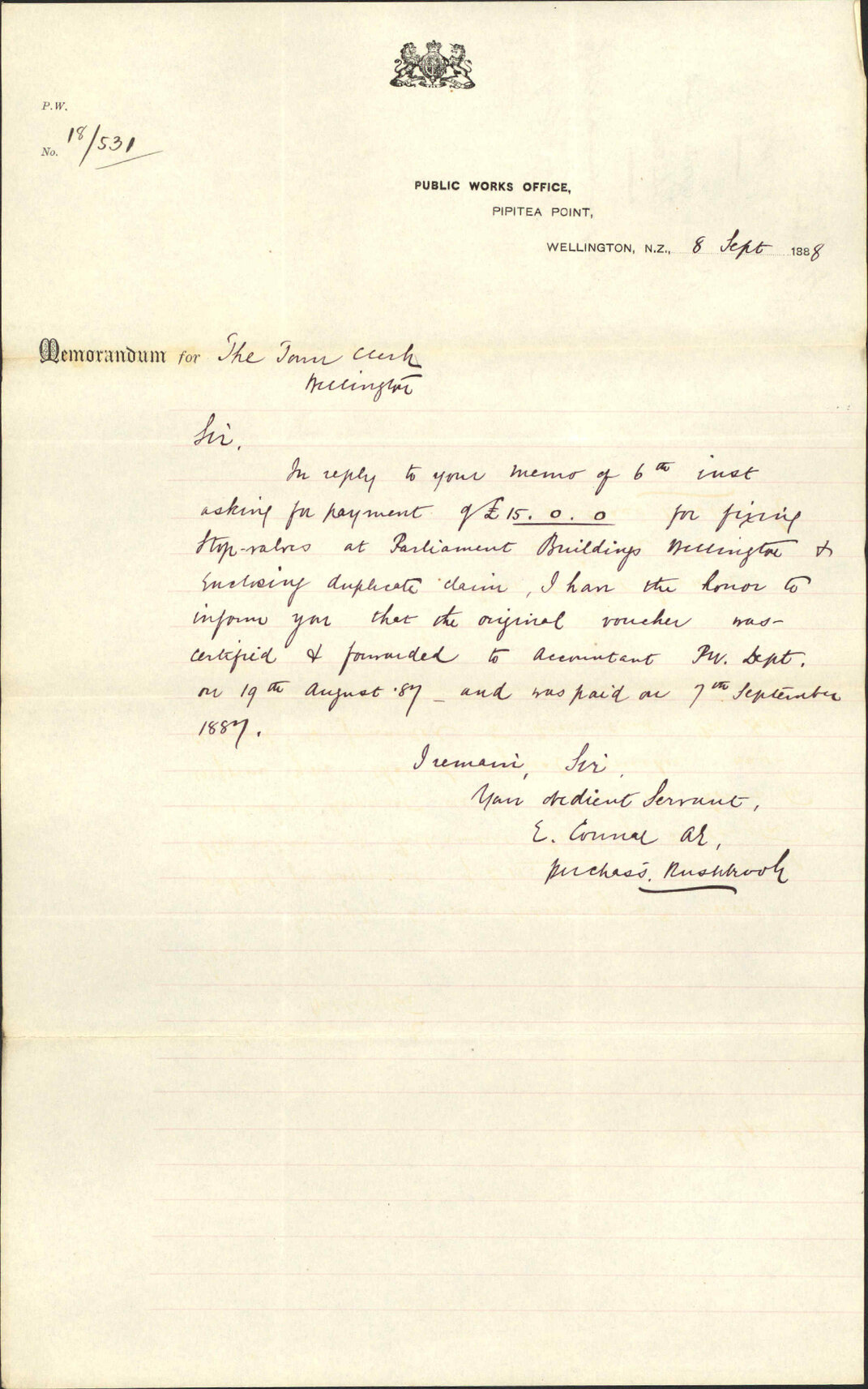 Reply regarding amount for fixing valves, August 1887 - Public Works Office, Pipitea