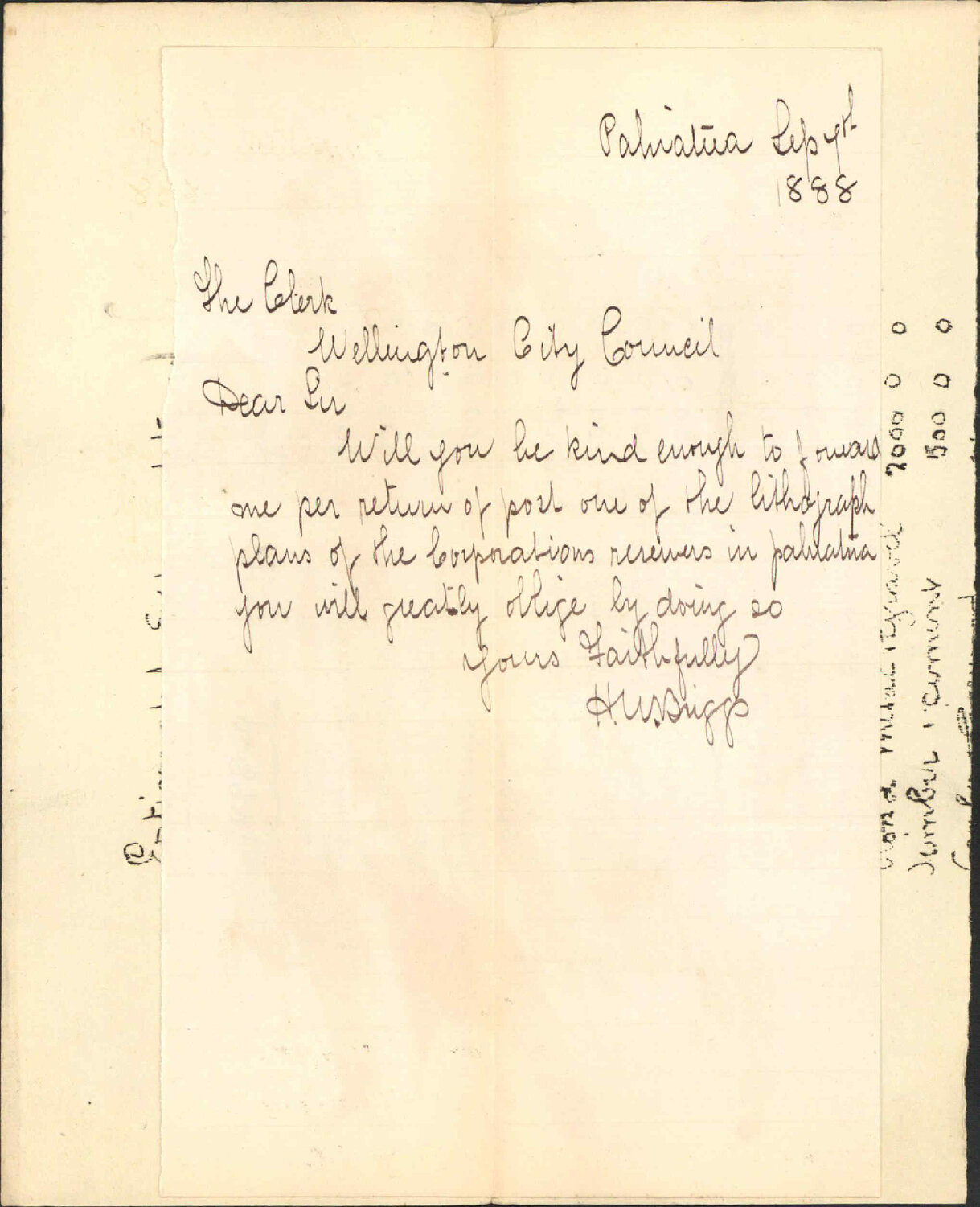 Asking for plan of Pahiatua lands - H W Briggs