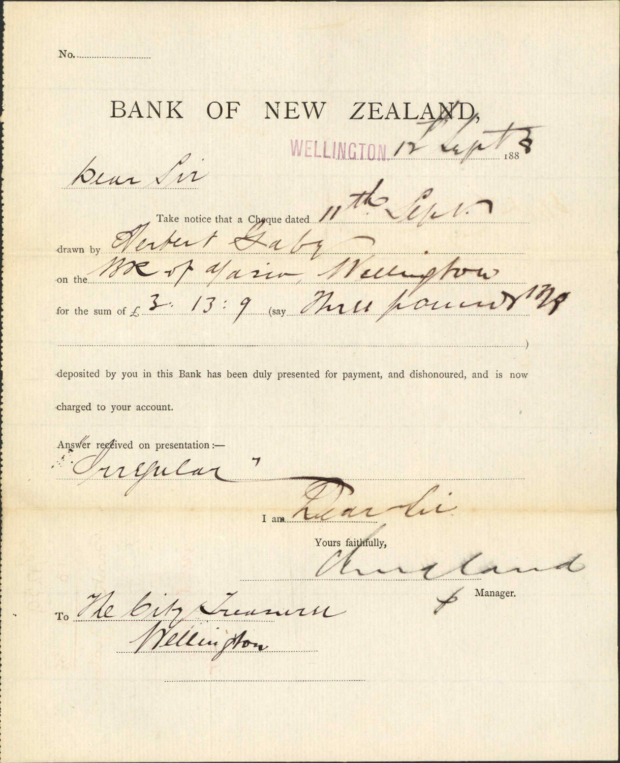 H Gaby's cheque - Bank of New Zealand