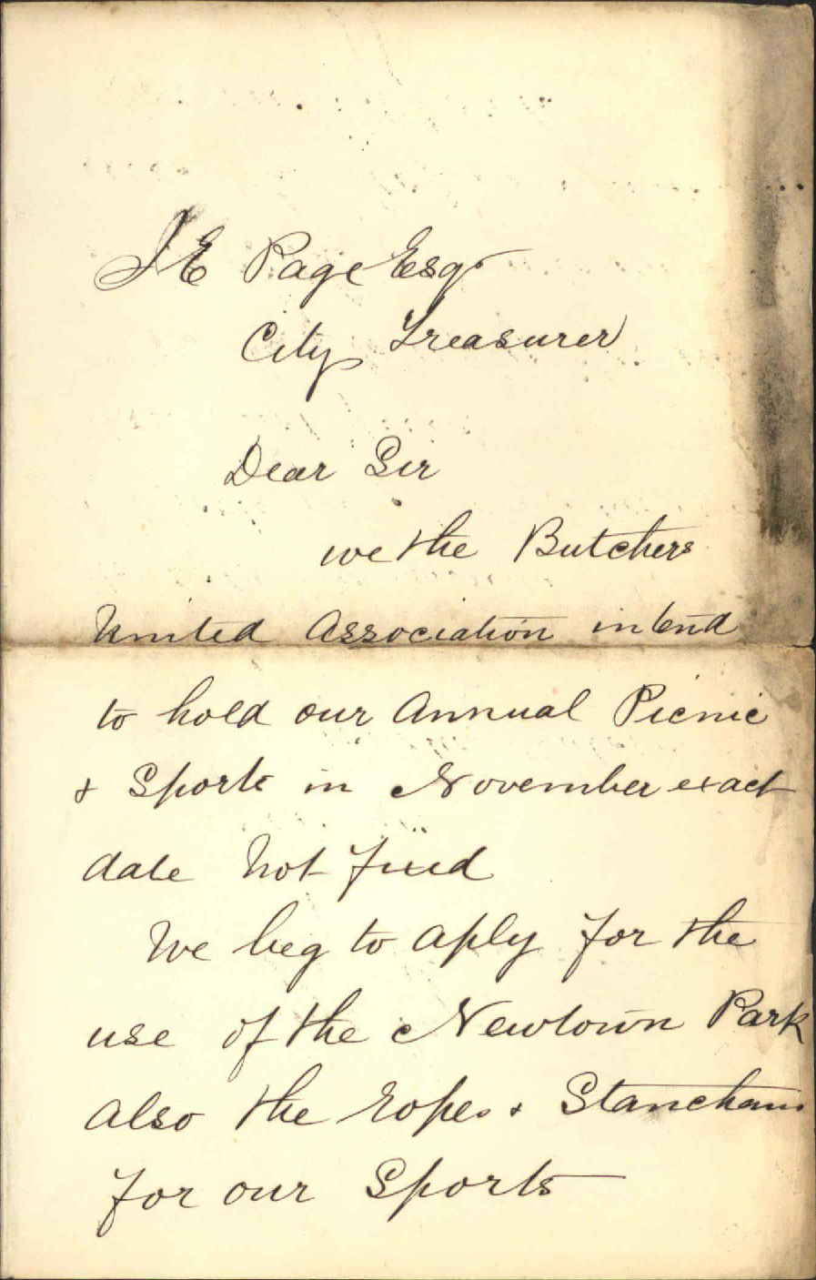 Asking for use of Newtown Park - Secretary, Butchers' Association