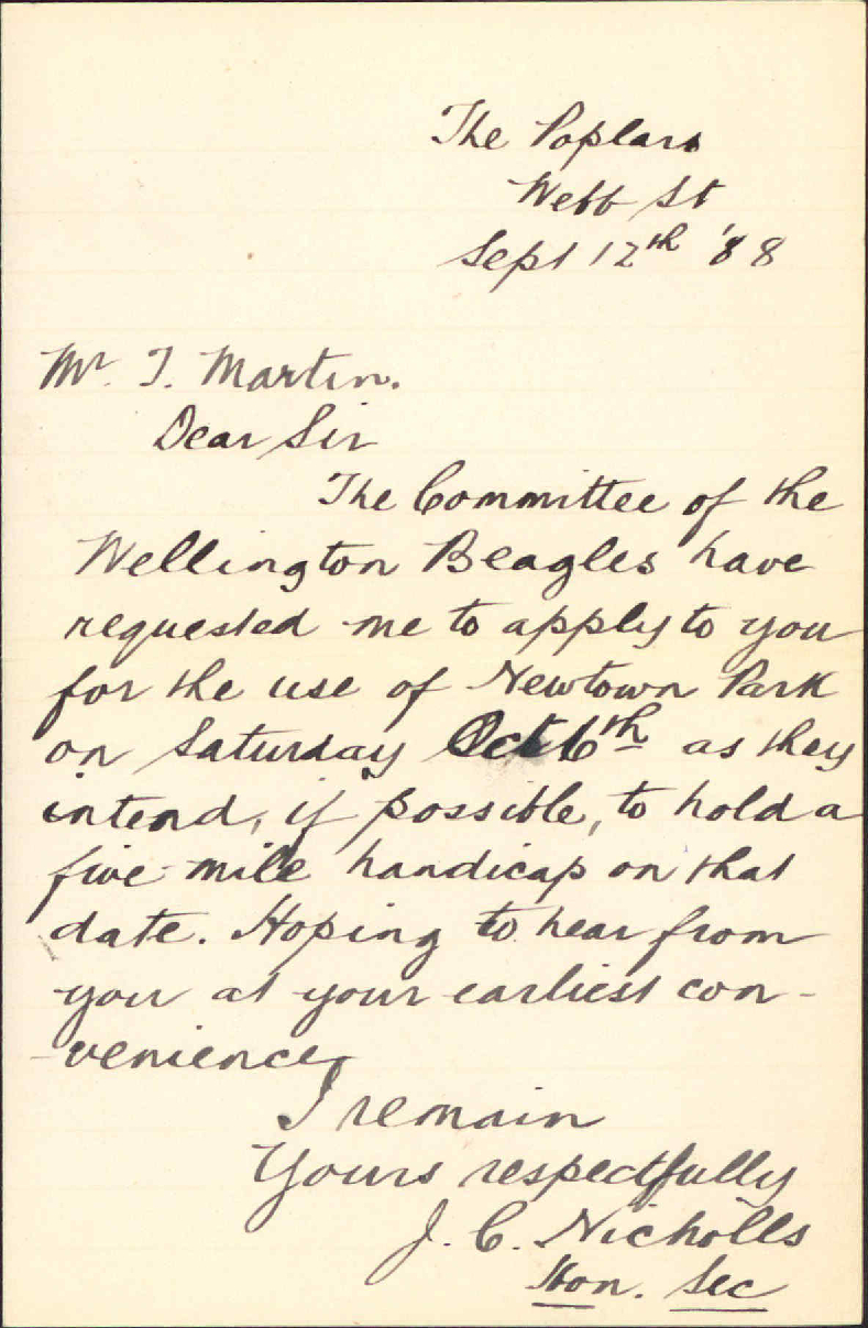 Asking for use of Newtown Park - Secretary, Wellington Beagles
