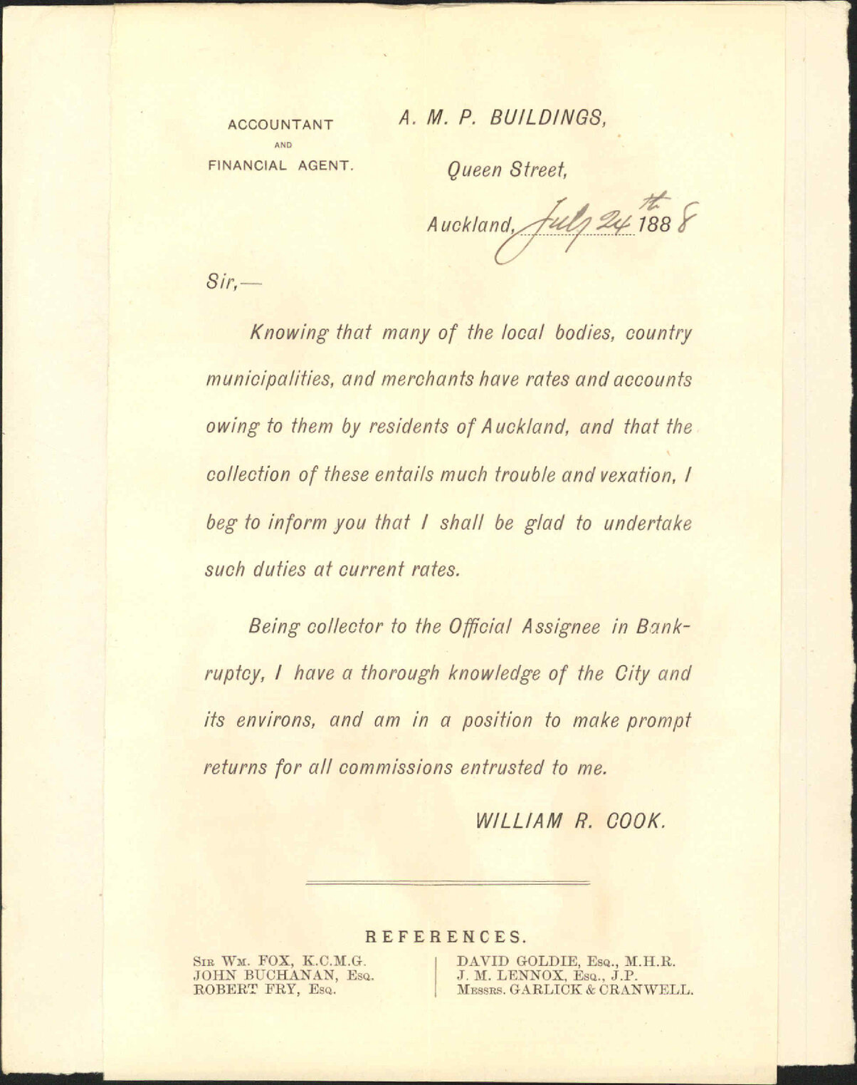 Offering to collect rates - W R Cook, Auckland