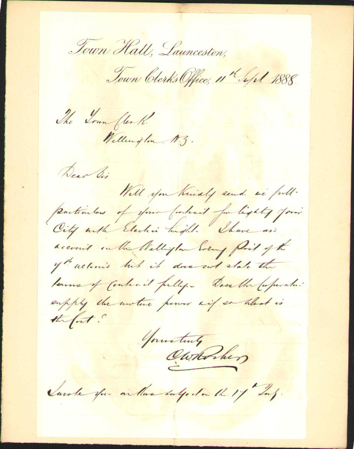 Further regarding electric lighting - Town Clerk, Launceston