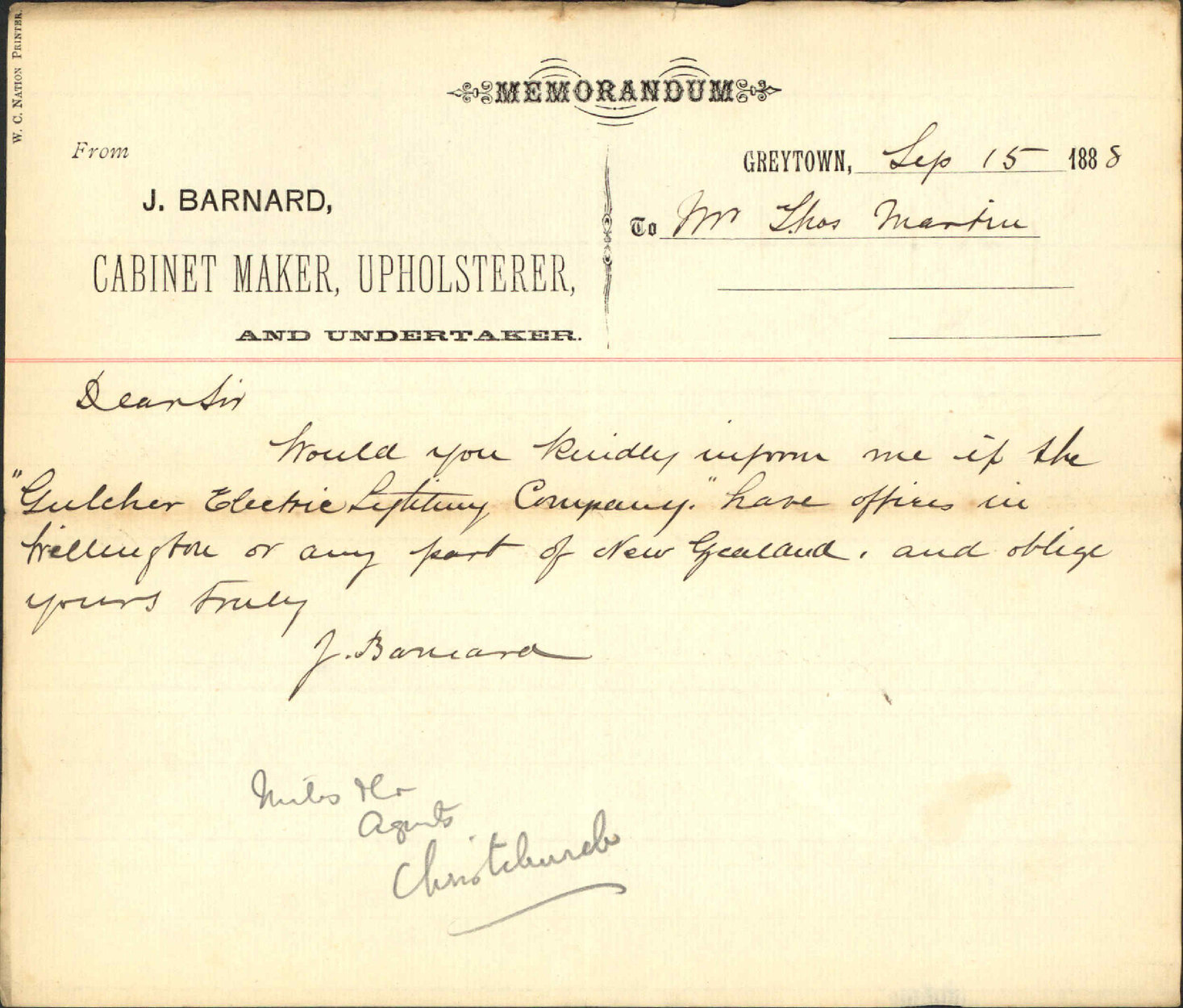 Enquiry regarding Gulcher Company - J Barnard, Greytown