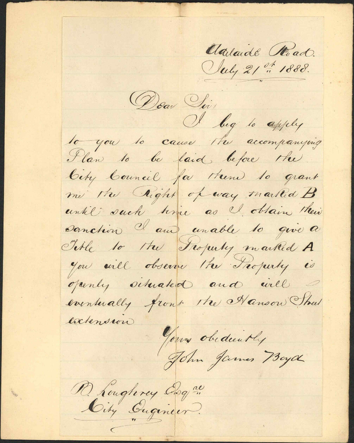Application regarding right of way - J J Boyd