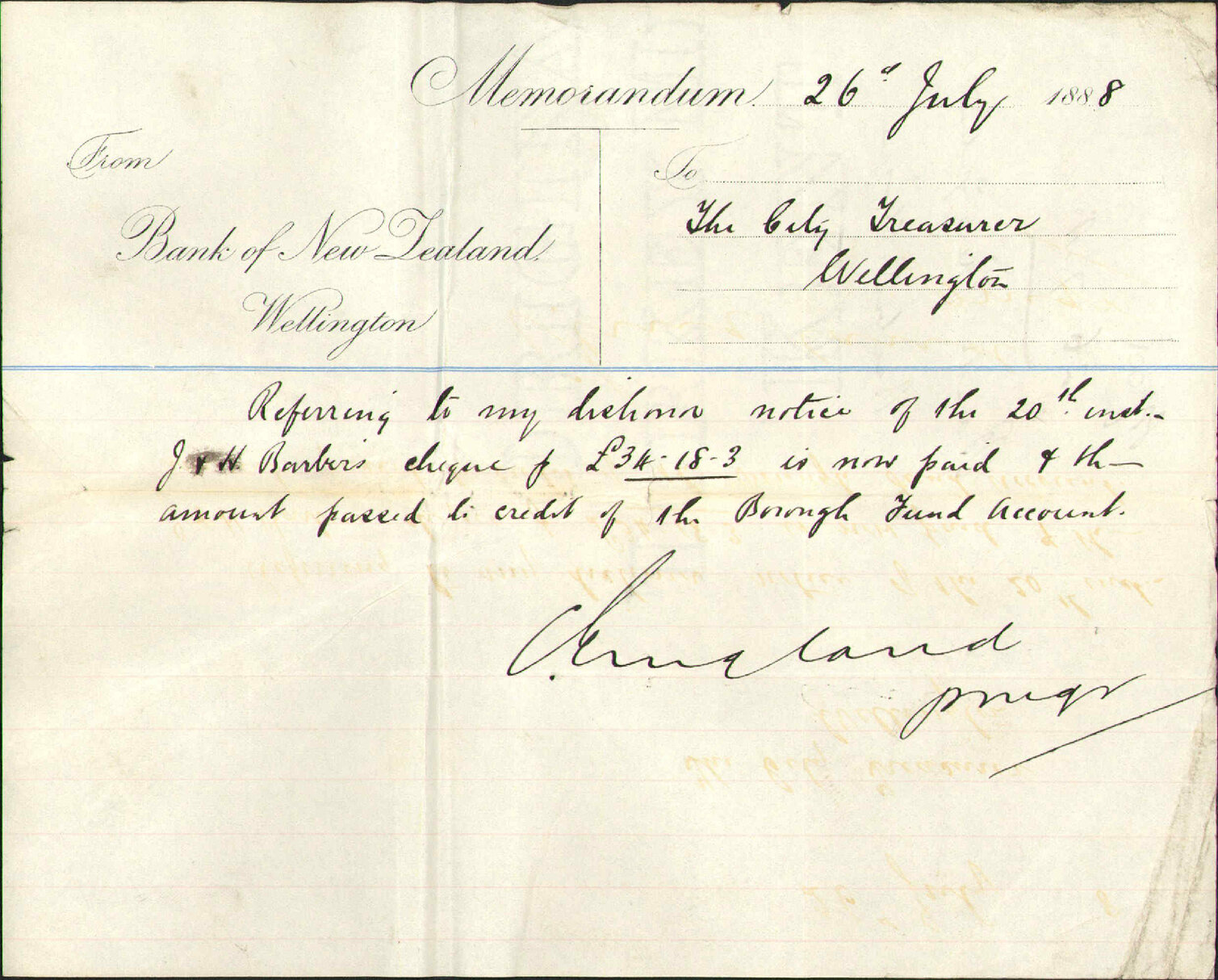 Barber's cheque - Bank of New Zealand