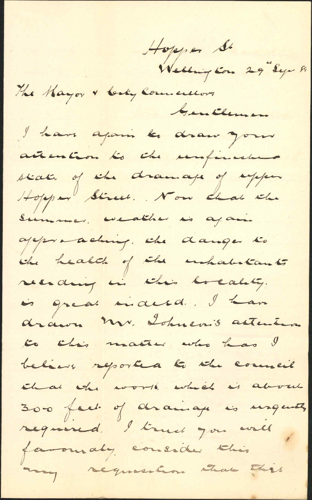 Drainage in Upper Hopper Street - Inspector of Nuisances