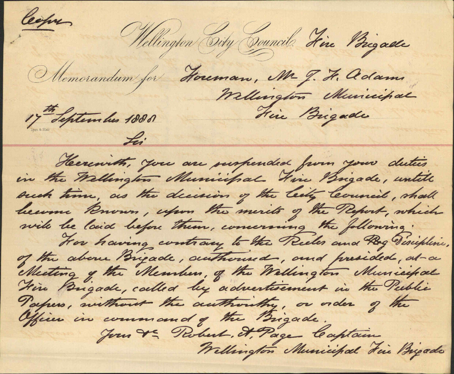 Report regarding Adams and Kennedy - Captain of Fire Brigade