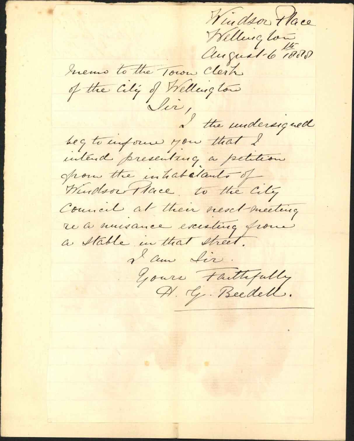 To wait on the Council regarding nuisance at Windsor Place - H G Bedell