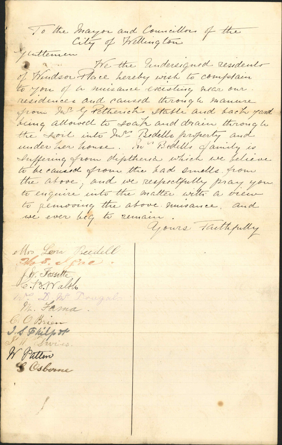 Petition regarding nuisance at Windsor Place - Mrs L Bedell
