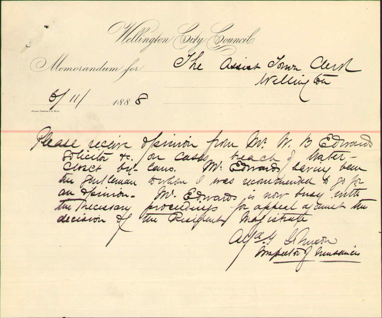 Opinion regarding water closet bylaws - W B Edwards