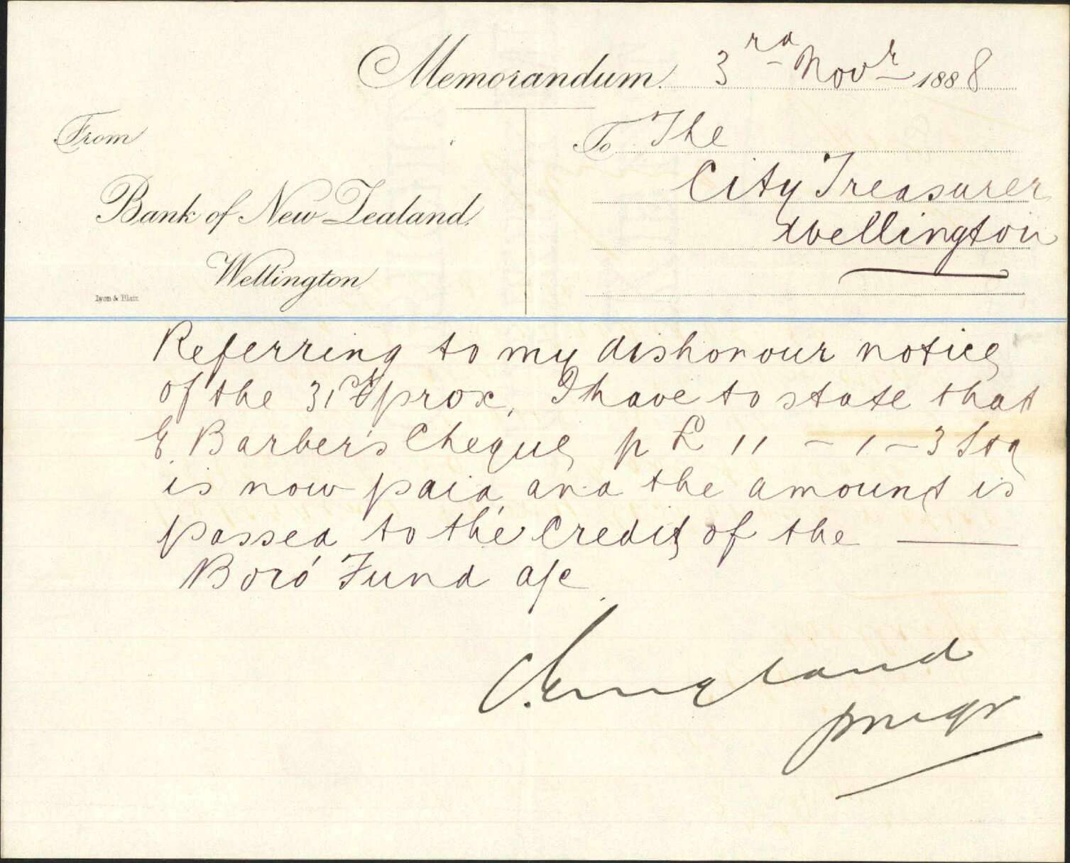 E Barber's cheque - Bank of New Zealand