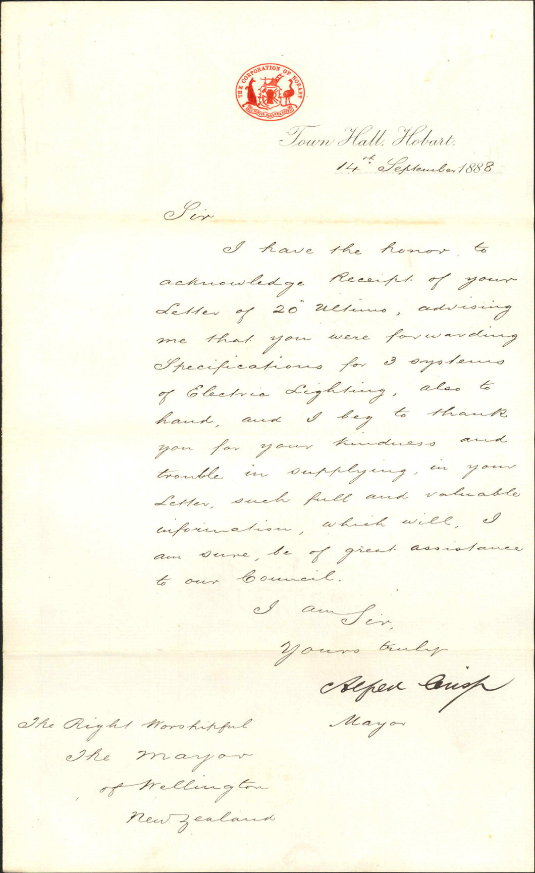 Thanks for particulars regarding electric lighting - Mayor of Hobart