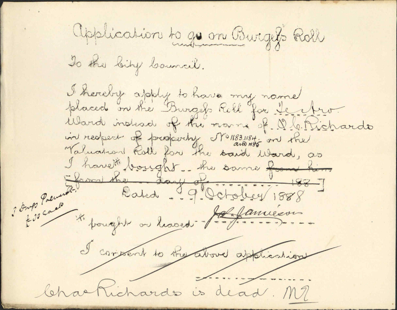Application to be placed on Burgess Roll - J Jamieson