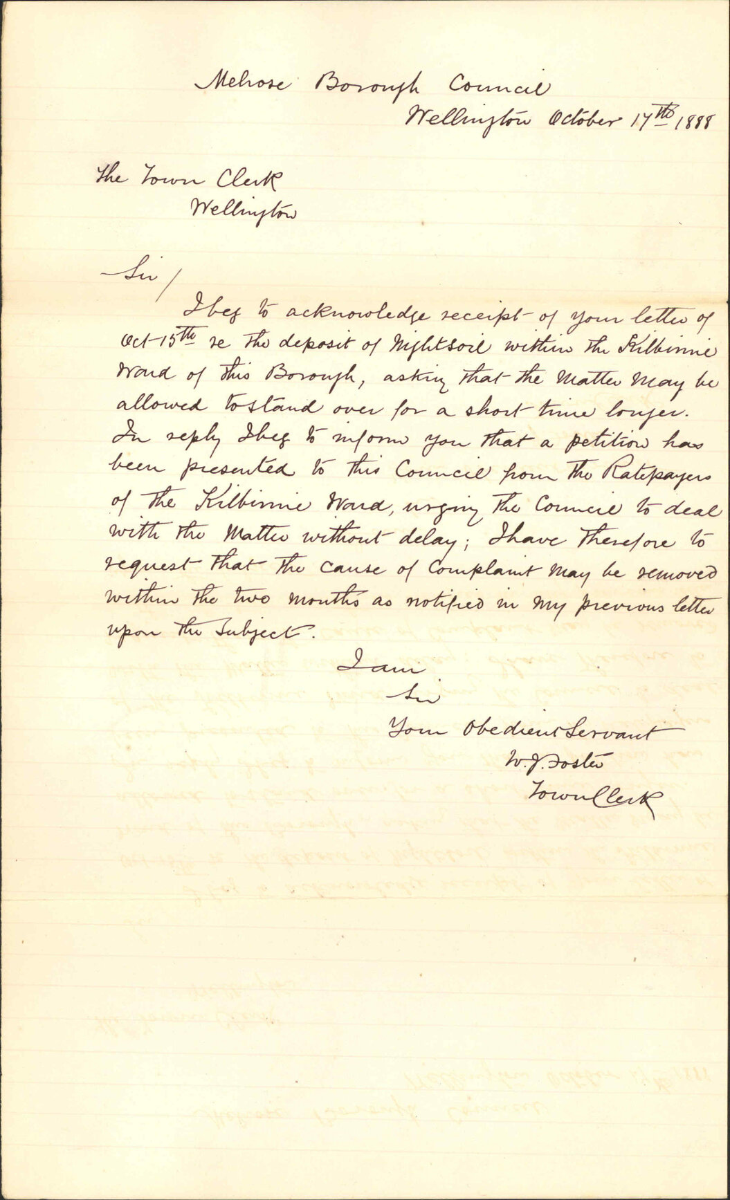 Further regarding night soil depot - Town Clerk, Melrose Borough Council