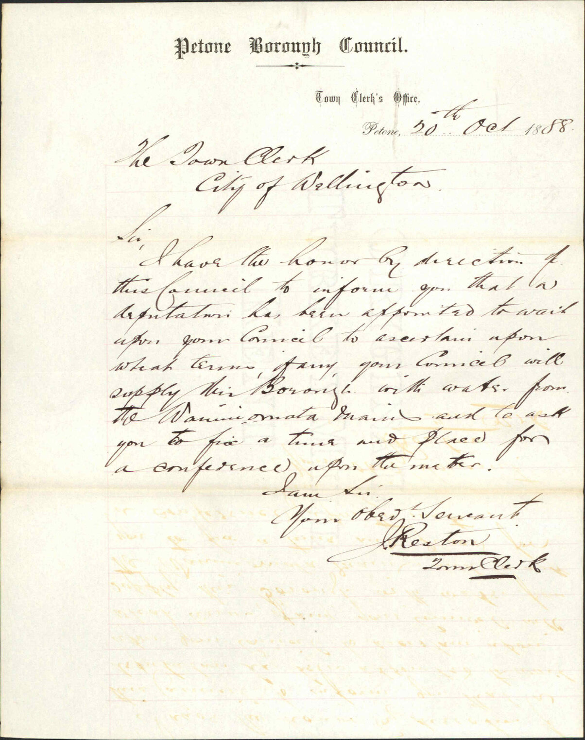 Water supply for the Borough - Town Clerk, Petone