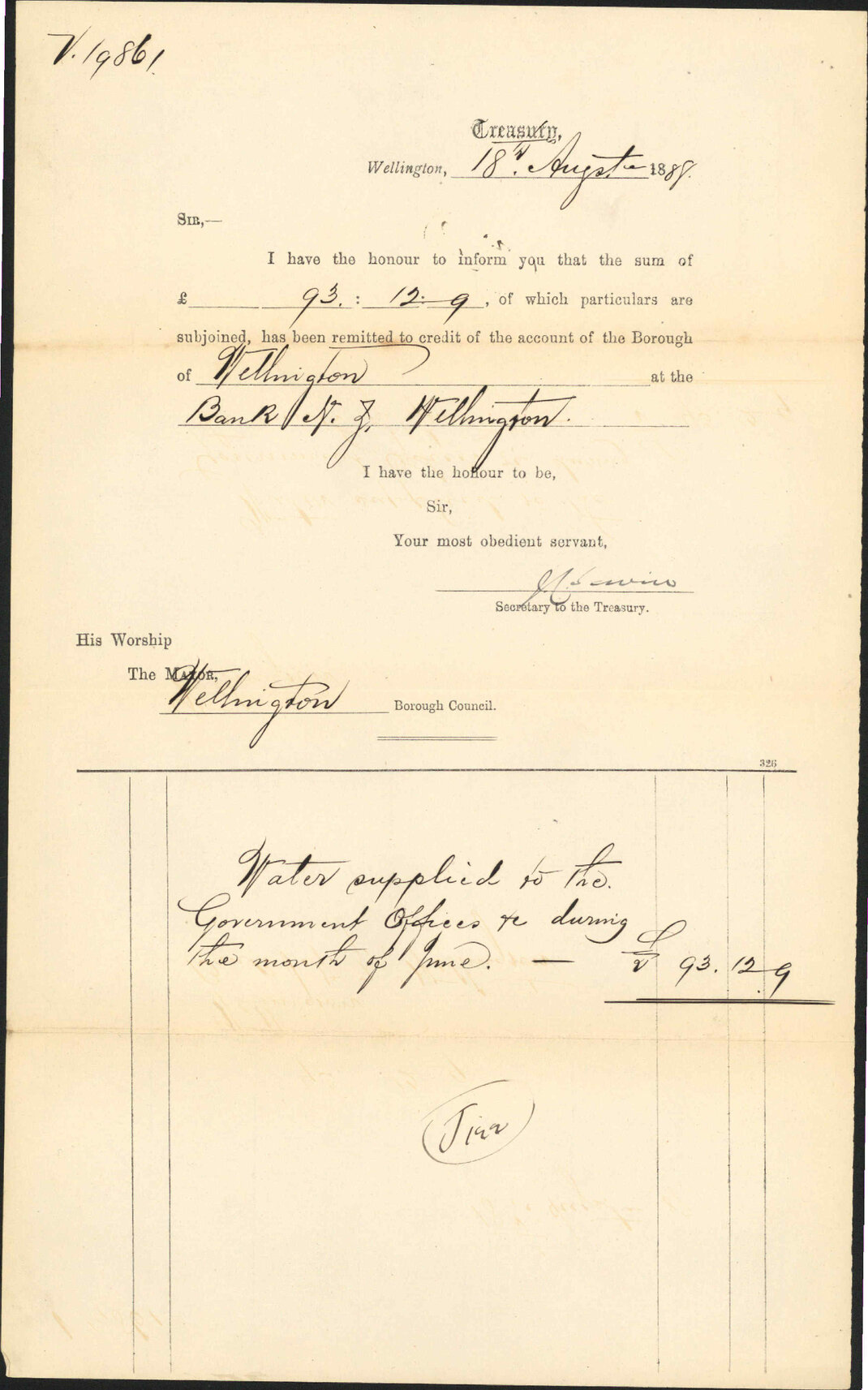 Advising payment of water account - Treasury