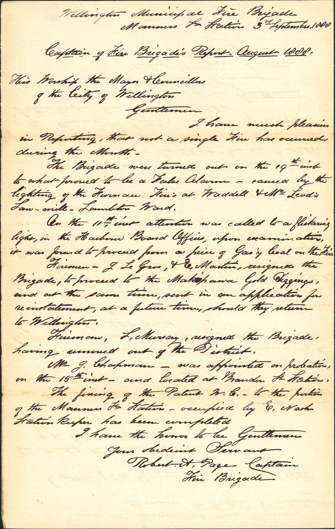 Report for the month of August - Captain of Fire Brigade