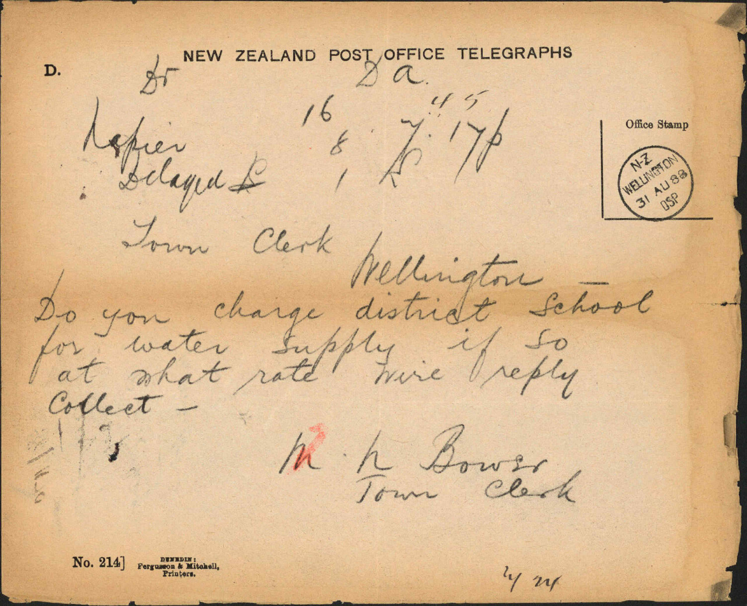 Water to district school - Town Clerk, Napier