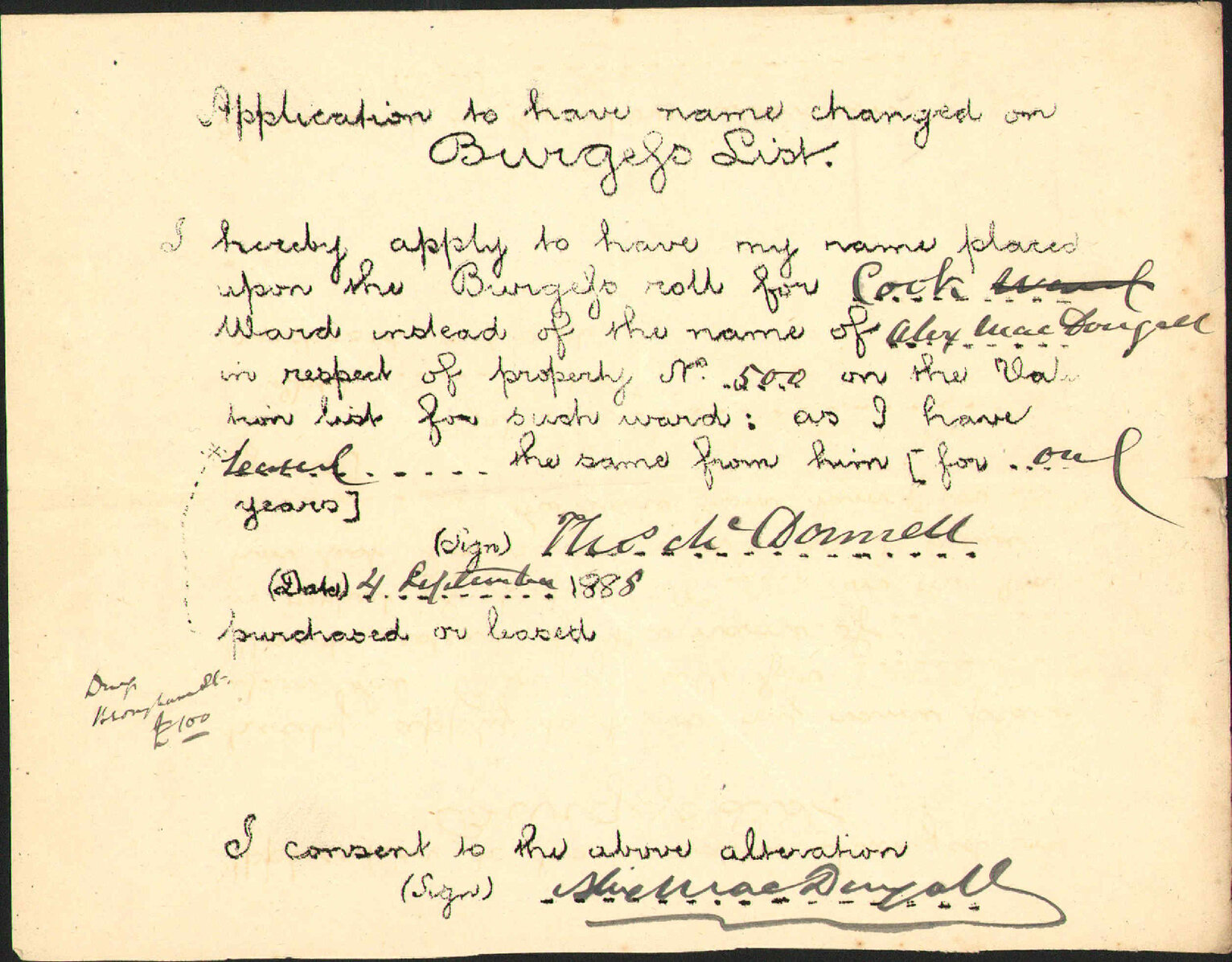 Asking to be placed on Burgess Roll - Thomas McDonnell