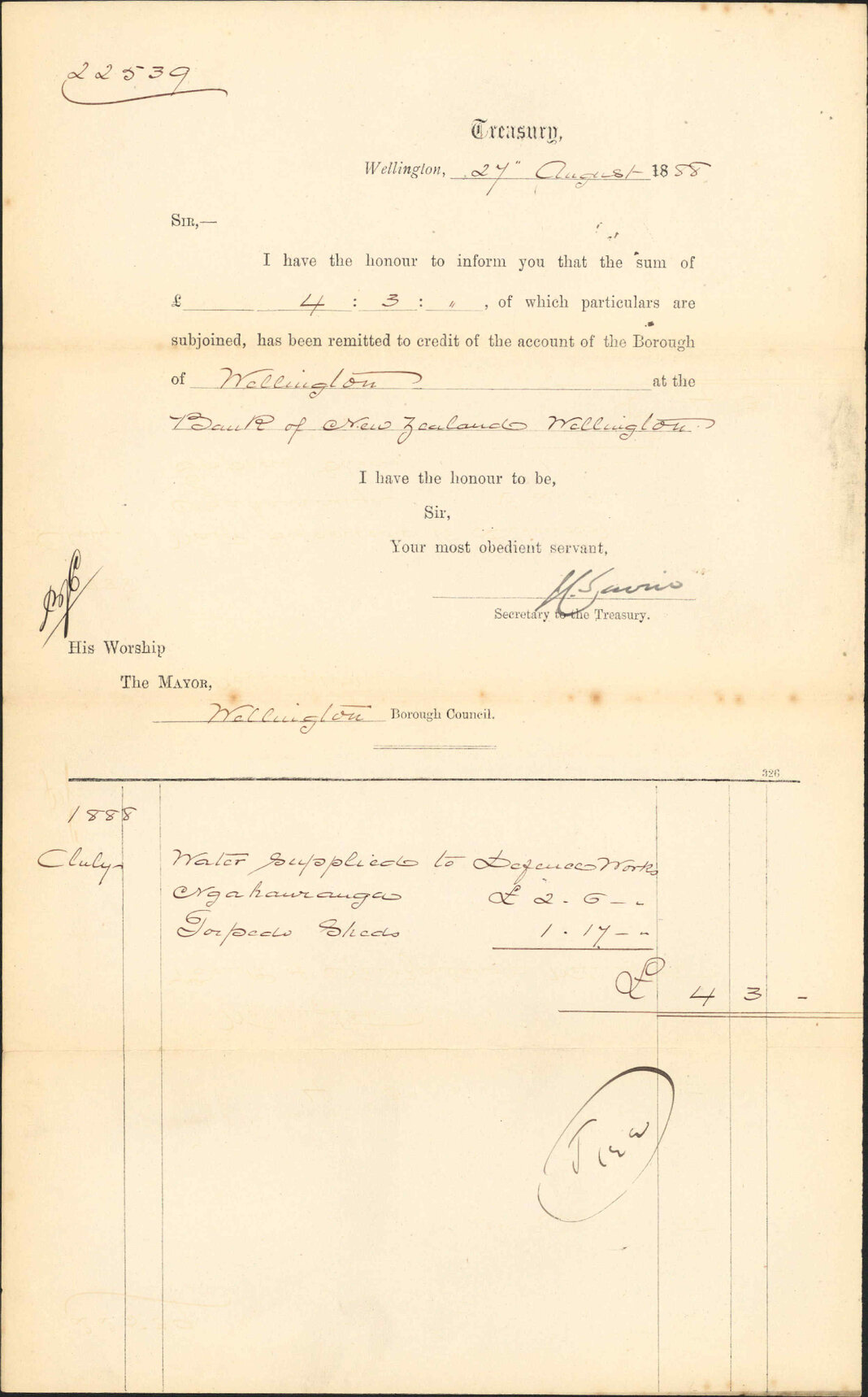 Advising payment of water account - Treasury