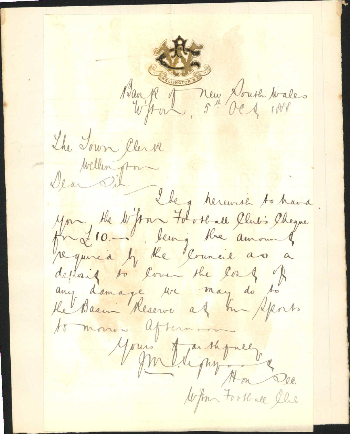 With cheque, Basin Reserve account - Wellington Football Club