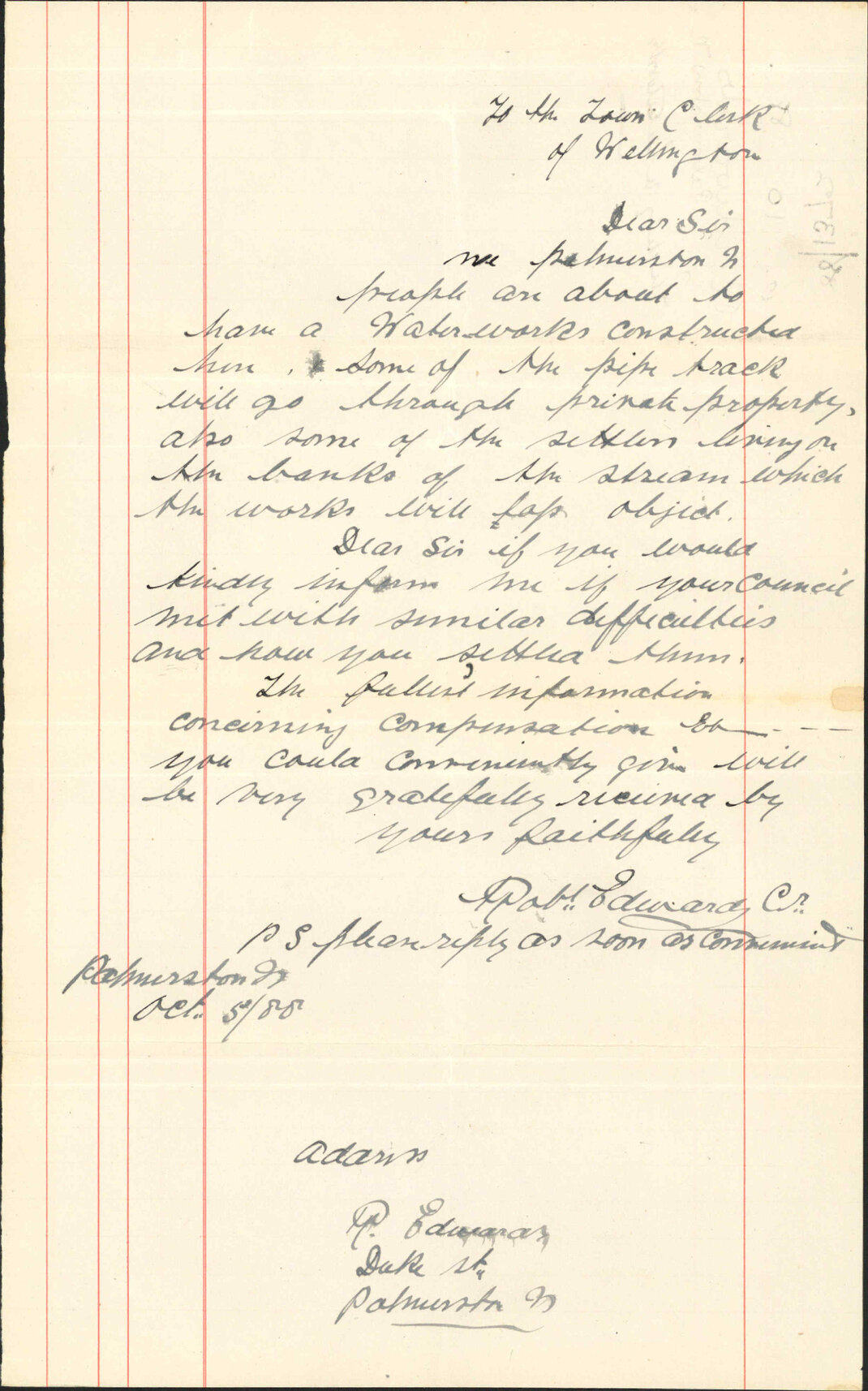 Enquiry regarding Water Works - R Edwards, Palmerston North