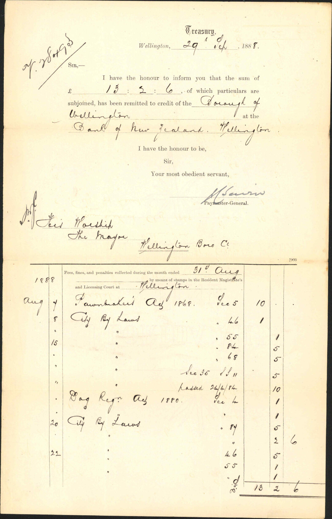 Advising payment of fines etc - Treasury