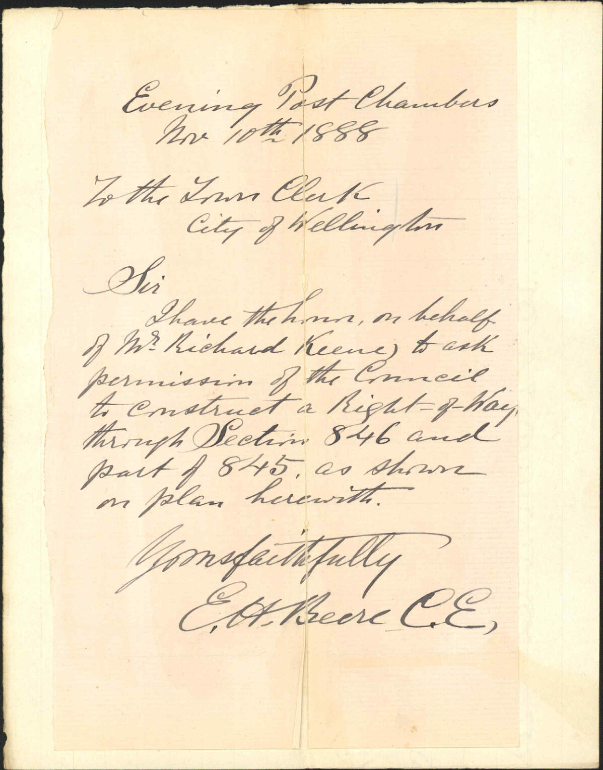 Asking permission to construct right of way at Town Acre 845 and 846 - E H Beece C E