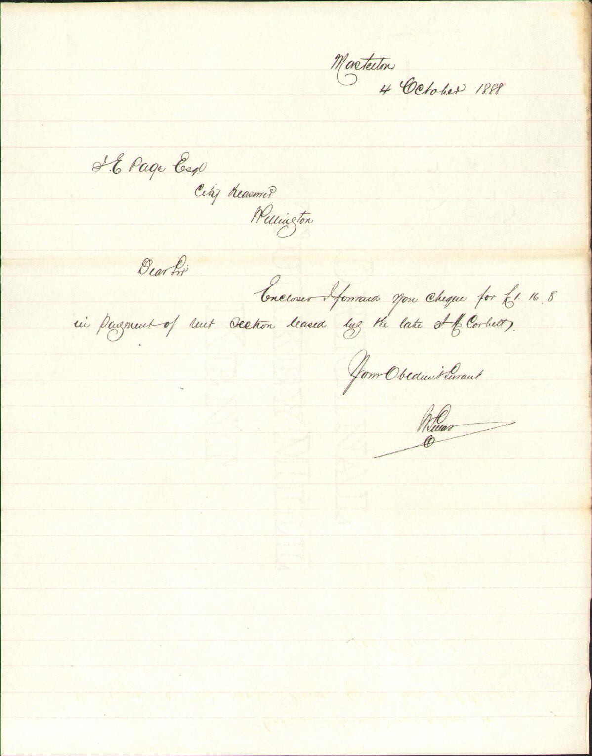 With cheque for rent - W Sellar, Masterton