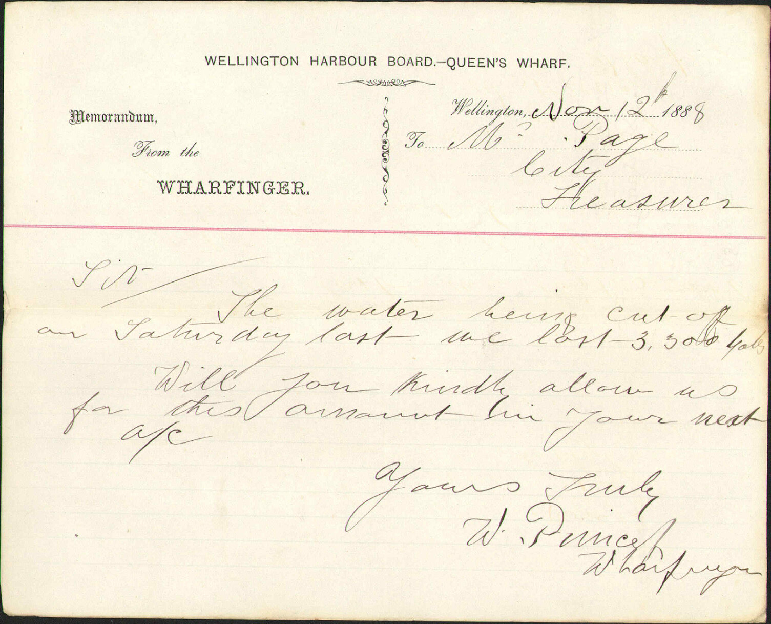 Water supply at wharf - Wharfinger