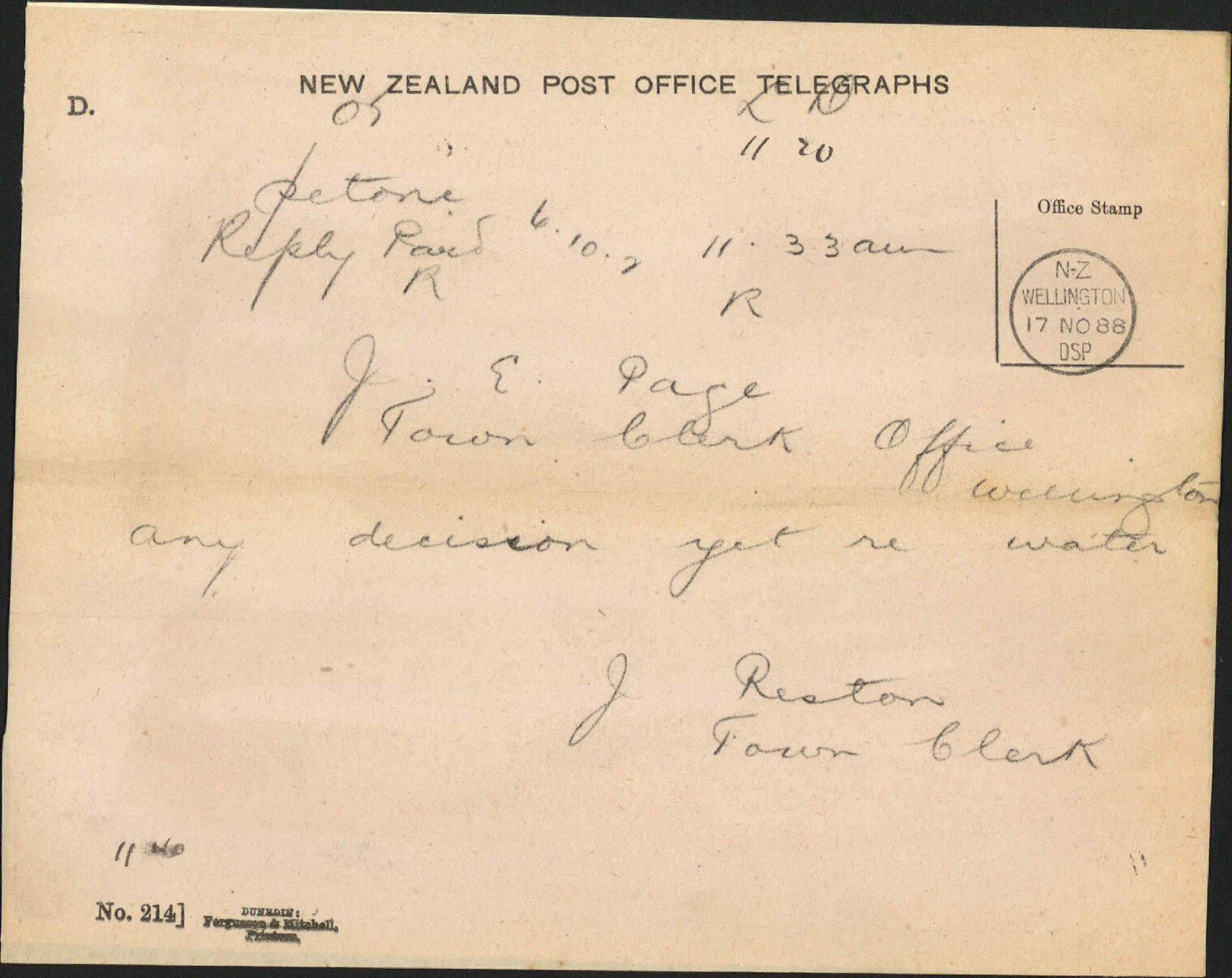 Water supply - Town Clerk Petone