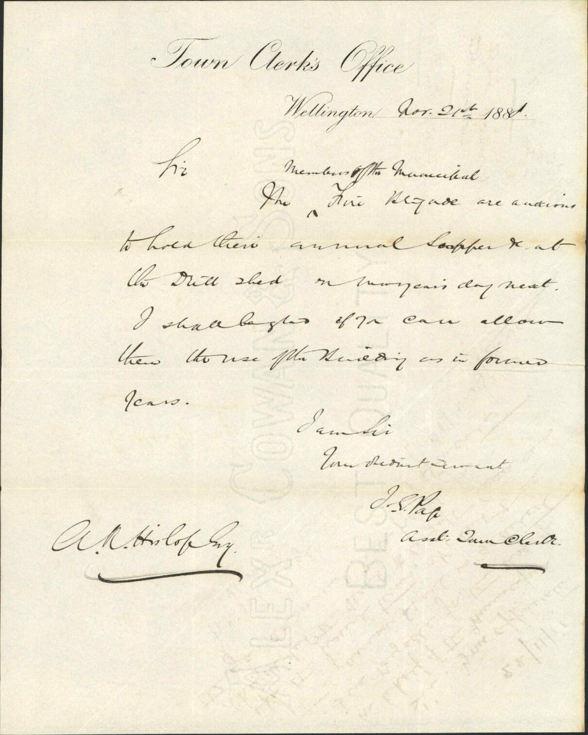 Use of hall for Fire Brigade, Garrison Hall Committee