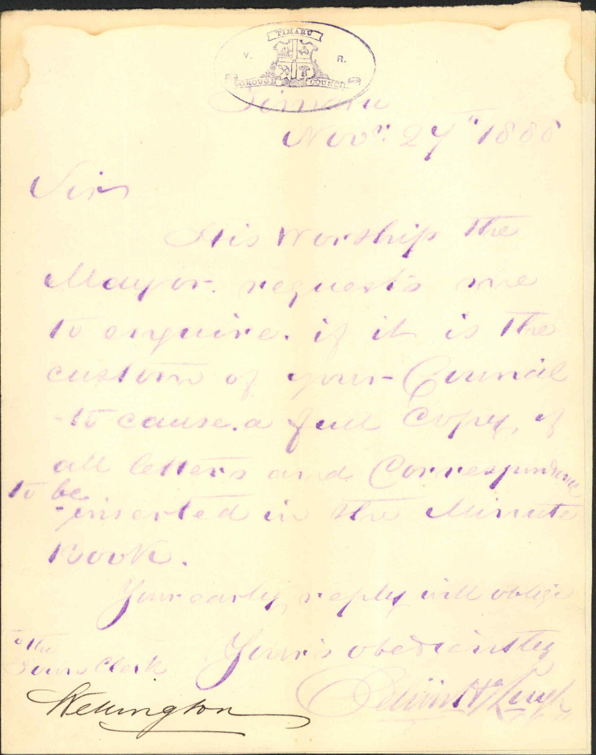 Enquiry regarding correspondence - Town Clerk Timaru