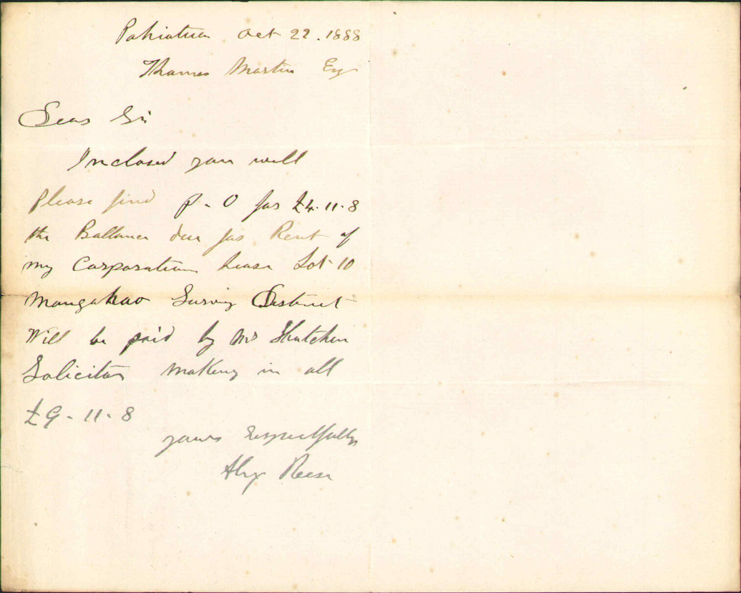 With cheque for rent - A Reese, Pahiatua