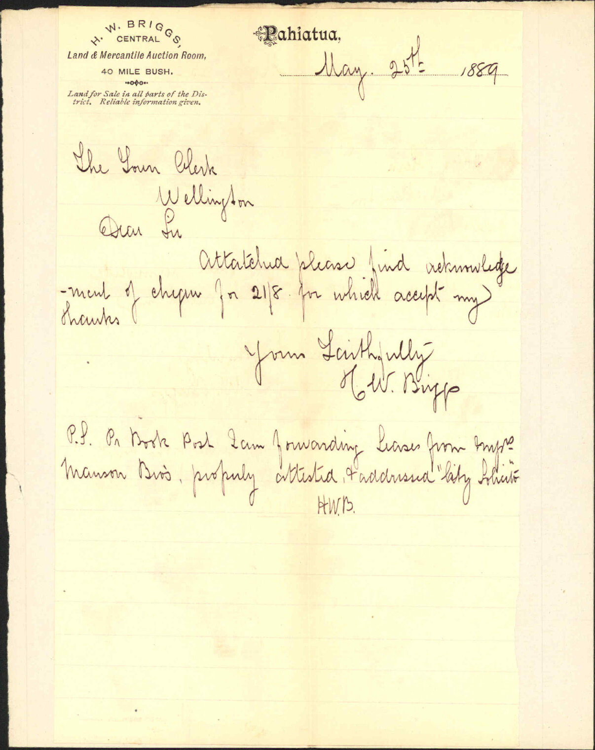 Leases sent on by post - H W Briggs, Pahiatua