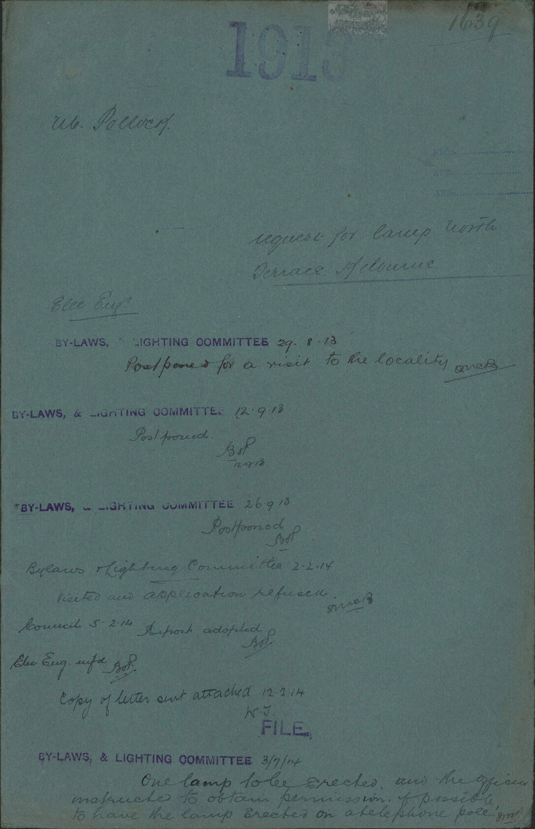 Request for lamp, North Terrace, Kelburne - M Pollock