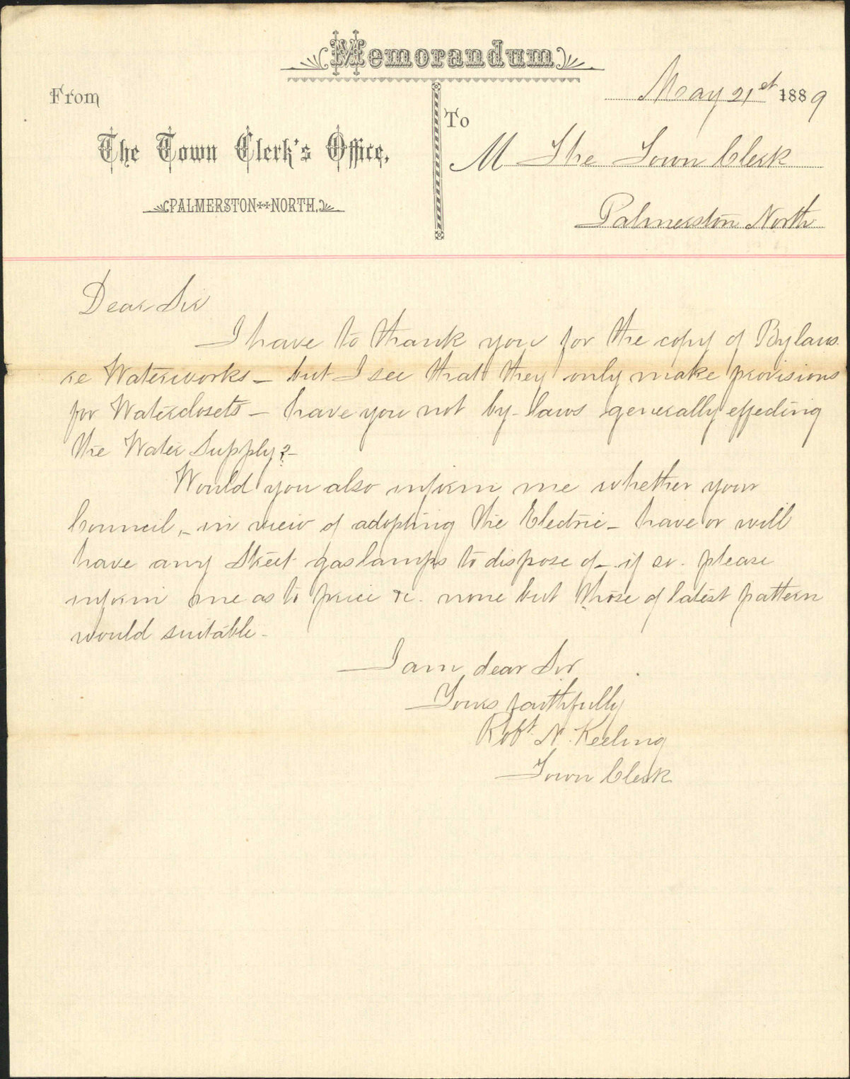 Water supply bylaw, Lamp posts - Town Clerk Palmerston North