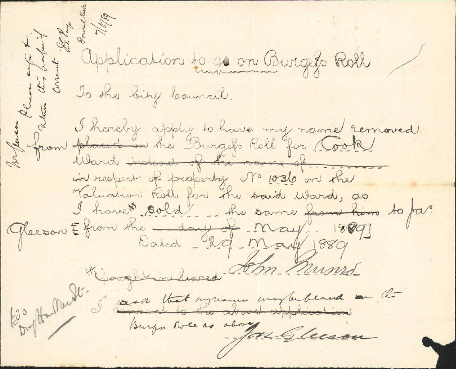 Asking to be placed on burgess rolls - John Munro