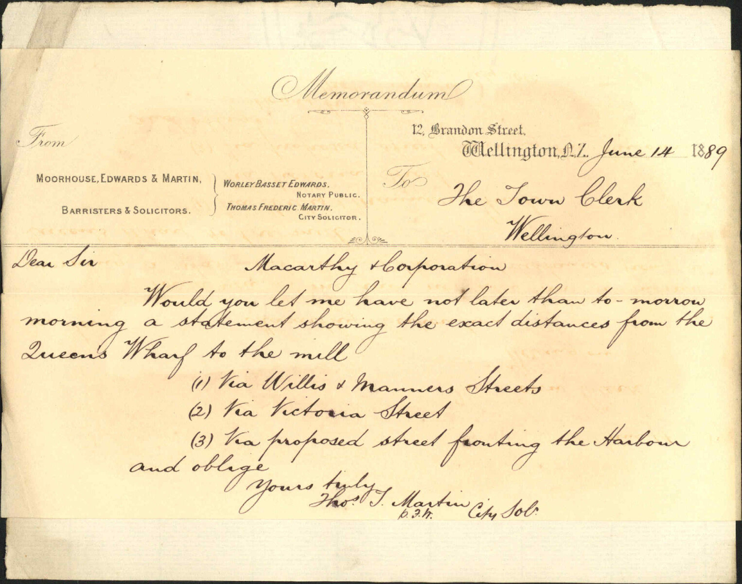 Asking information as to Macarthys mill - City Solicitor