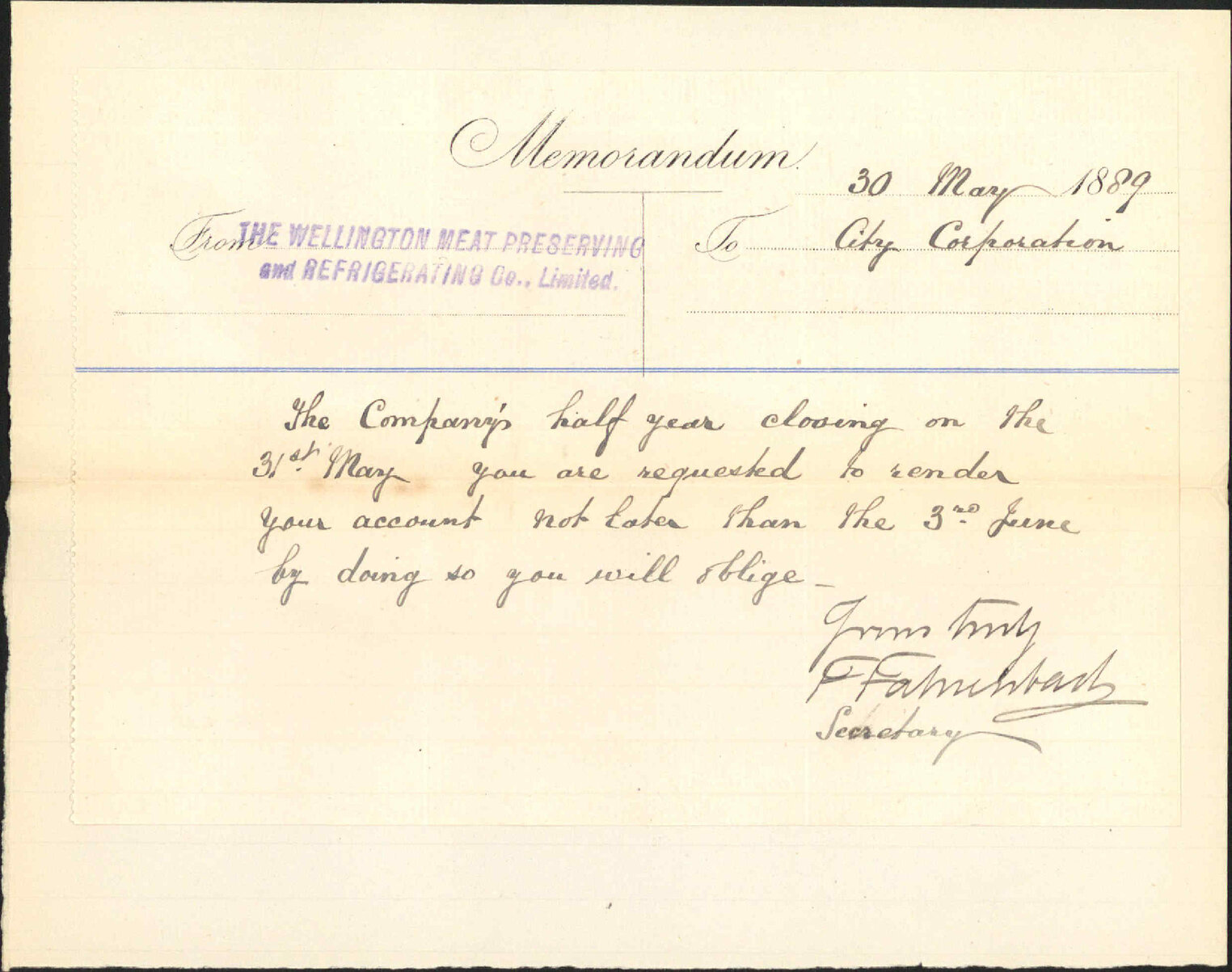 Asking for water account - Wellington Meat Company