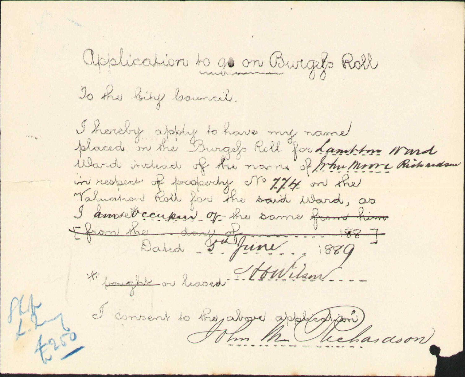 Asking to be placed on burgess roll - H C Wilson