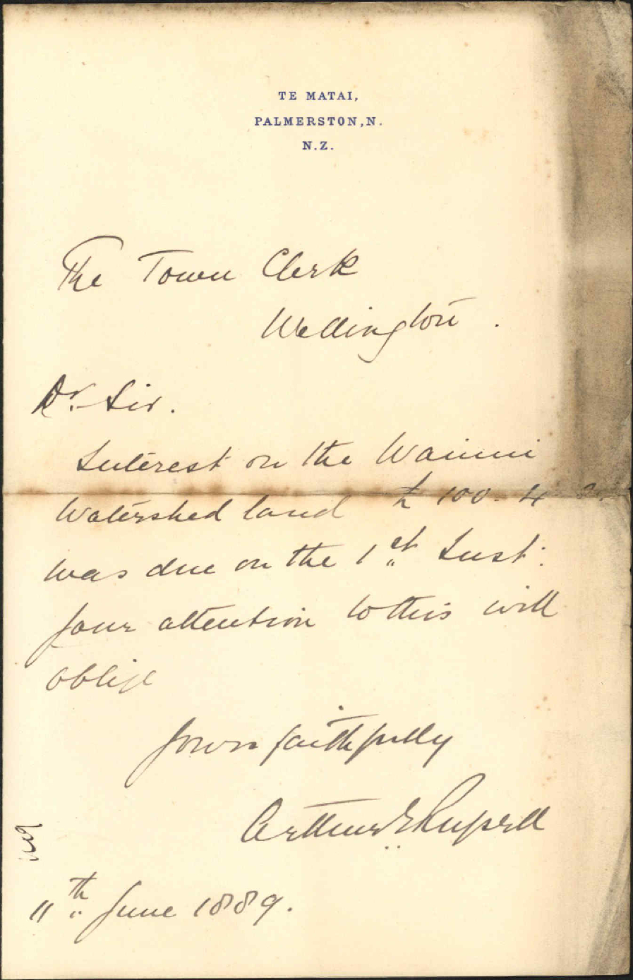 Asking cheque for interest - A E Russell, Palmerston North
