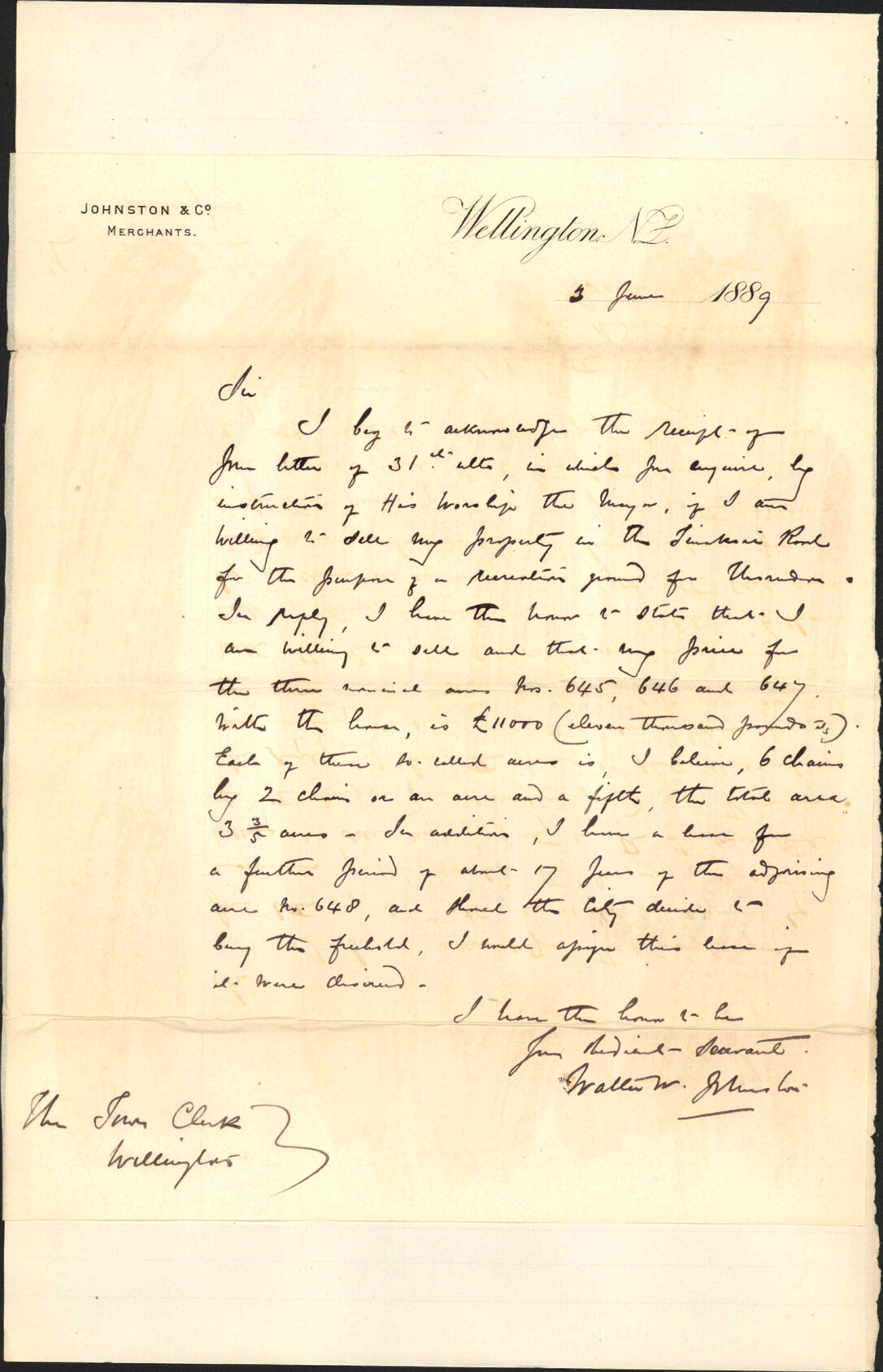 Reply regarding his property in Tinakori Road - Hon W W Johnston