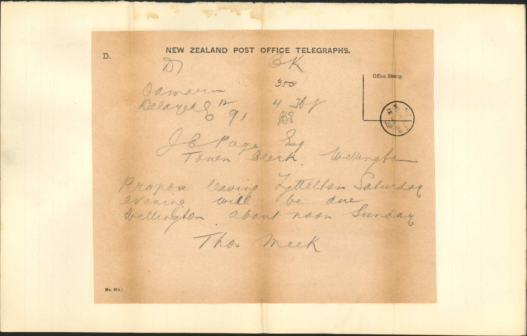 Will arrive on Sunday - Thomas Meek, Oamaru